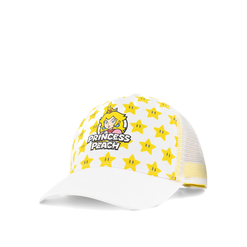 Bioworld Gorra Trucker Princesa Peach de Super Mario - Licencia Oficial Nintendo, Blanco con Amarillo, Unisex Adulto