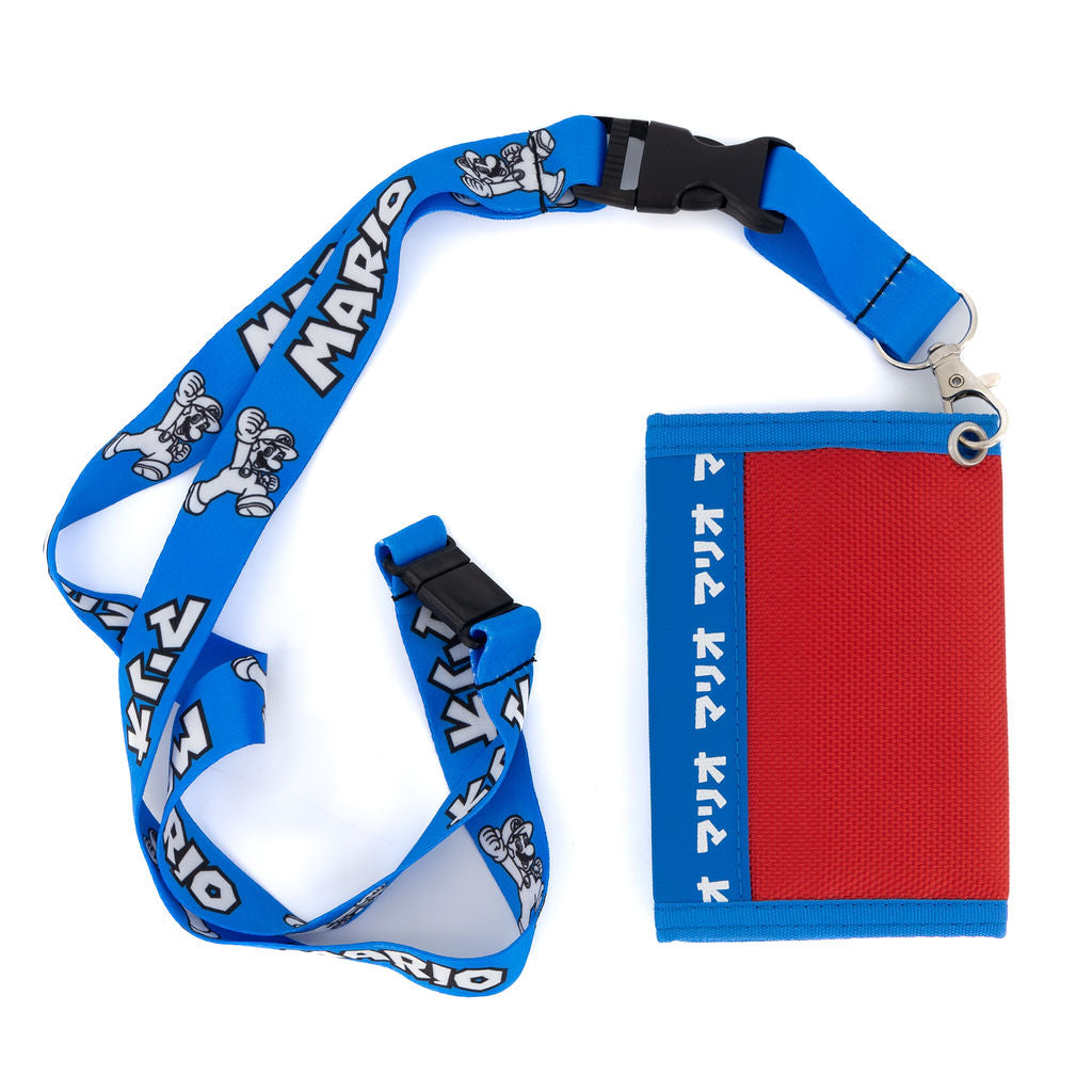 Bioworld - Cartera Trifold Super Mario Nintendo, Rojo y Azul con Logo de la M, Lanyard y Broche - Unisex