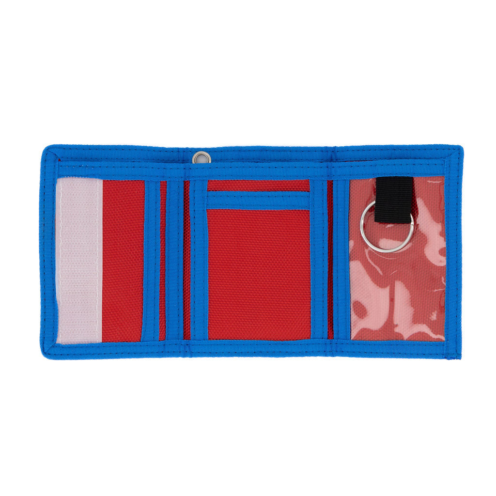 Bioworld - Cartera Trifold Super Mario Nintendo, Rojo y Azul con Logo de la M, Lanyard y Broche - Unisex