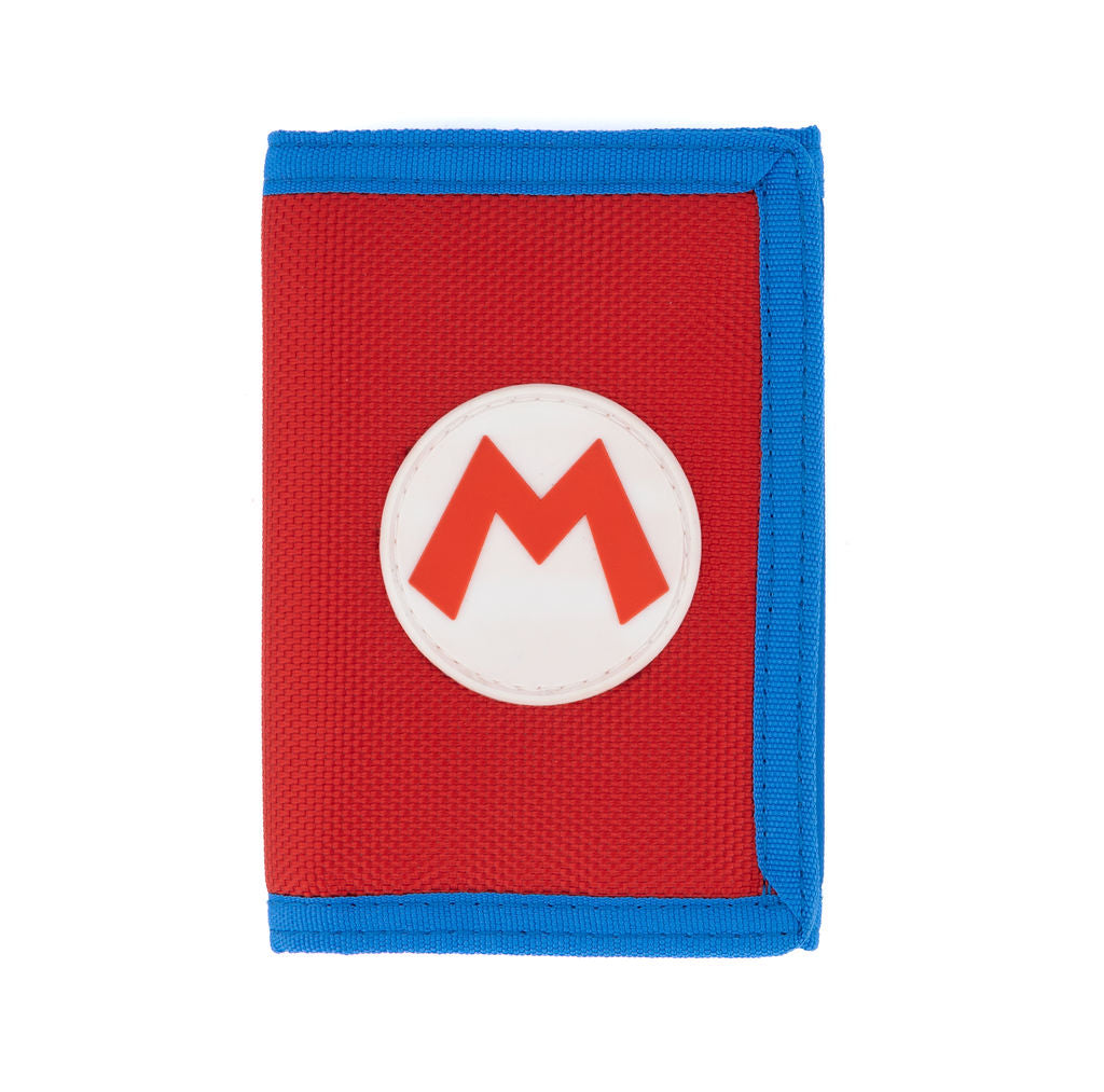 Bioworld - Cartera Trifold Super Mario Nintendo, Rojo y Azul con Logo de la M, Lanyard y Broche - Unisex