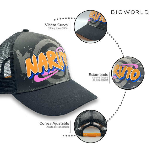 Bioworld Gorra Naruto Shippuden - Logo Visera Curva, Negro y Naranja, Original Naruto y de Alta Calidad