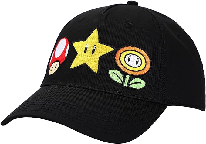 Bioworld Gorra Bordada Iconos Super Mario - Estilo Snapback Negro - Moda Gamer Oficial