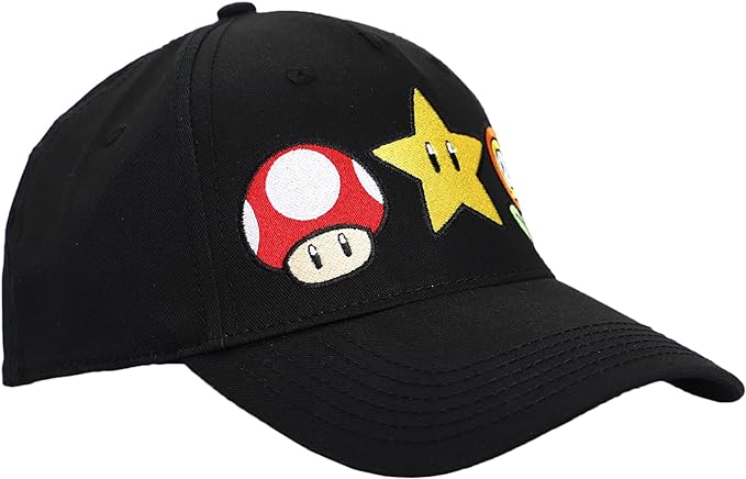 Bioworld Gorra Bordada Iconos Super Mario - Estilo Snapback Negro - Moda Gamer Oficial