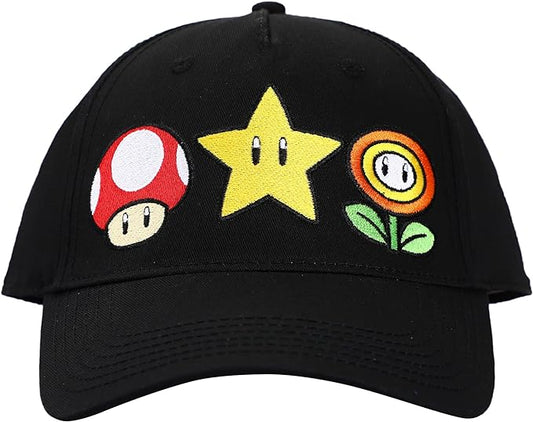 Bioworld Gorra Bordada Iconos Super Mario - Estilo Snapback Negro - Moda Gamer Oficial