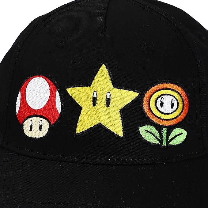 Bioworld Gorra Bordada Iconos Super Mario - Estilo Snapback Negro - Moda Gamer Oficial