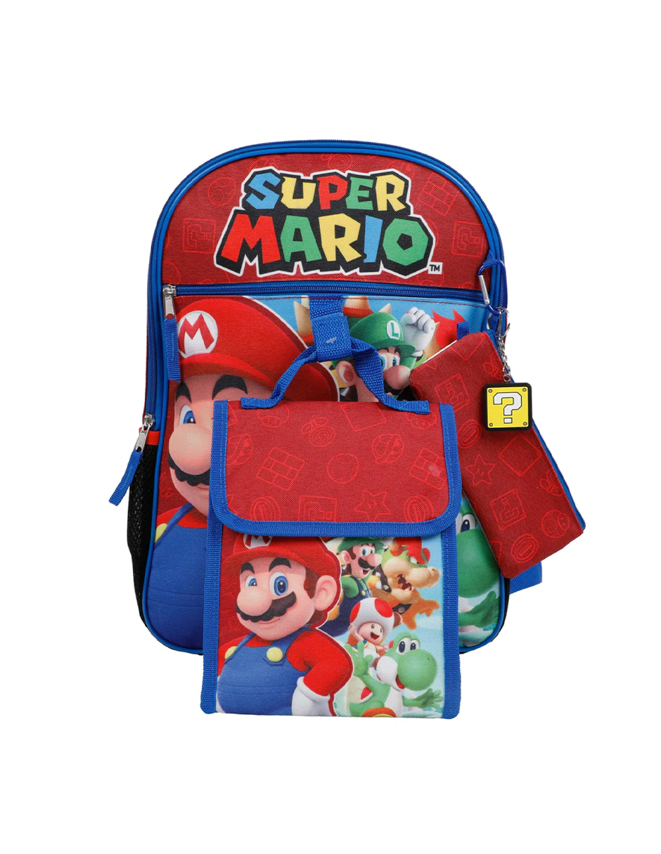 Mochila Super Mario Bros - Nintendo Escolar para niño y niña (5 piezas)