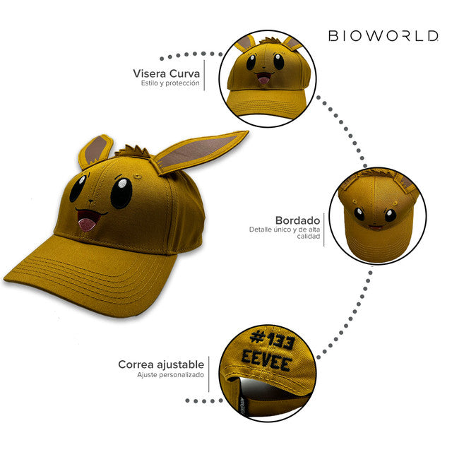 Bioworld Gorra Eevee con Orejas en 3D - Bordado Detallado, Original de Alta Calidad, Ajustable, Oficial Pokémon