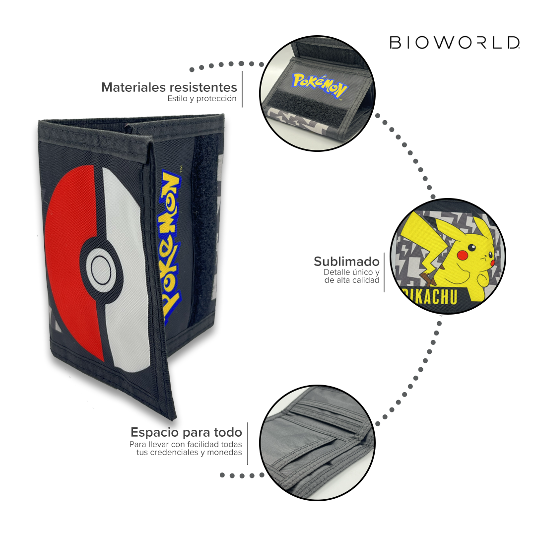 Bioworld - Cartera Trifold Pokémon con Diseño de Pokébola y Pikachu, Cierre de Velcro, Producto Oficial