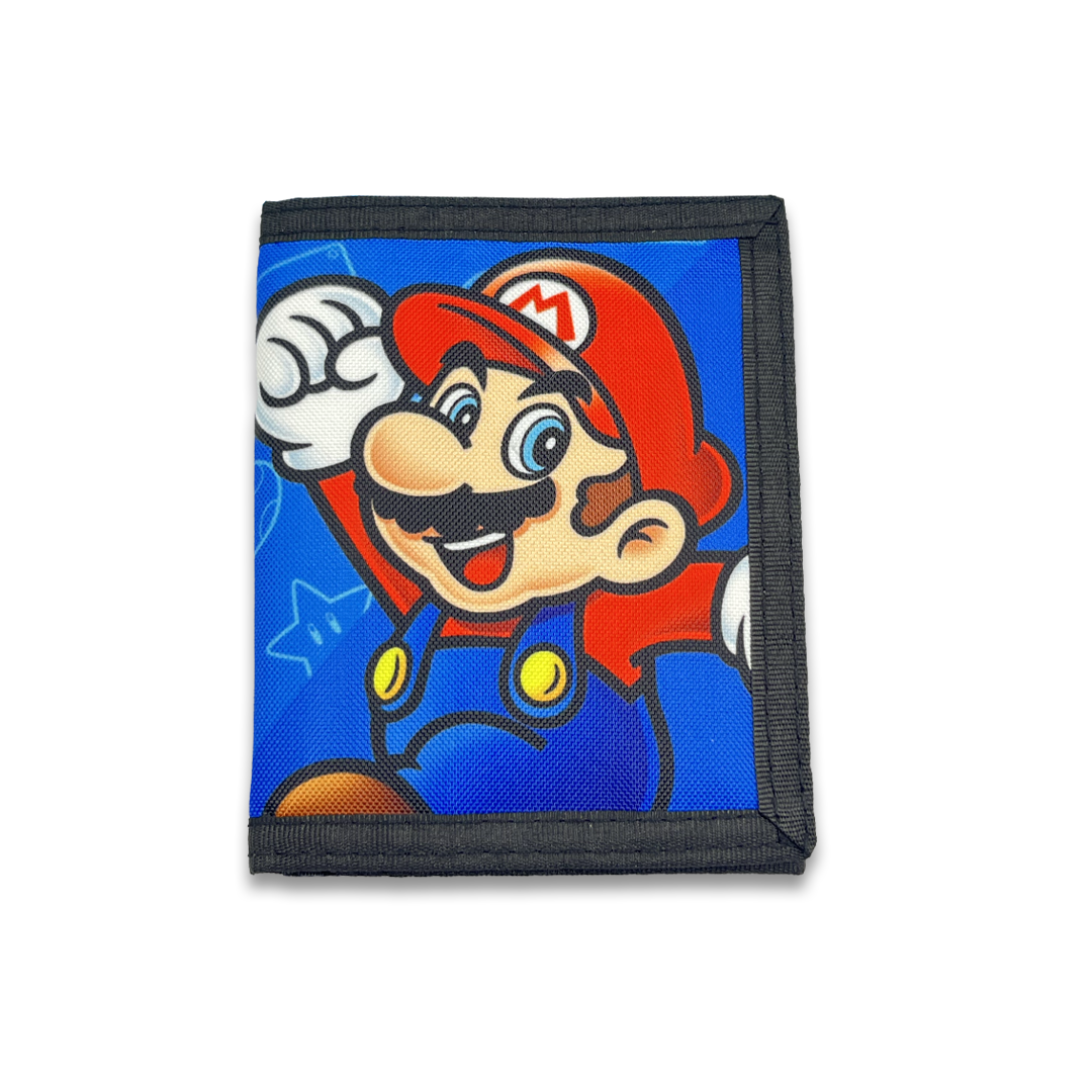 Bioworld - Cartera Trifold Infantil Super Mario Nintendo, Azul con Mario, Luigi, Toad y Yoshi - Oficial