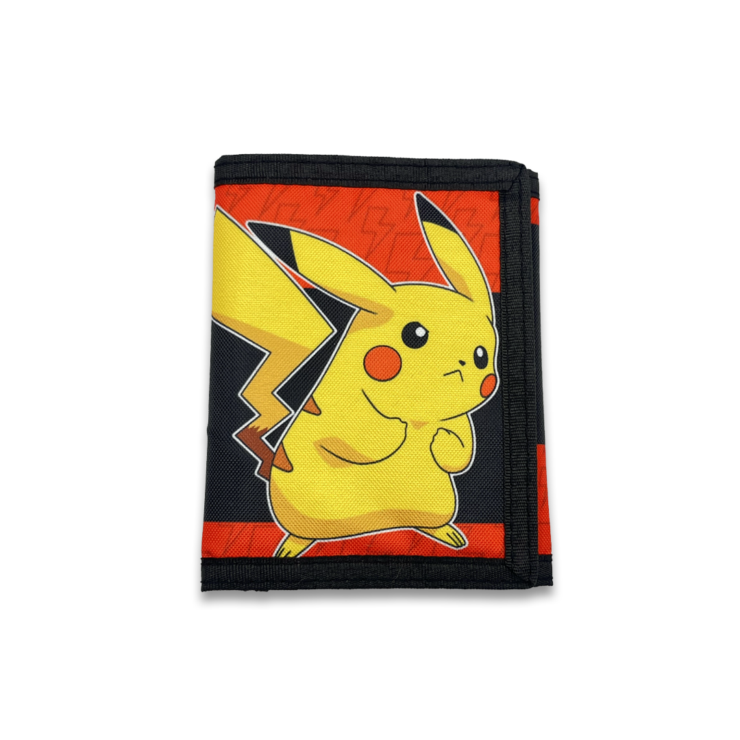 Bioworld - Cartera Trifold Pokémon, Diseño de Pikachu en Negro y Rojo, Cierre de Velcro, Producto Oficial