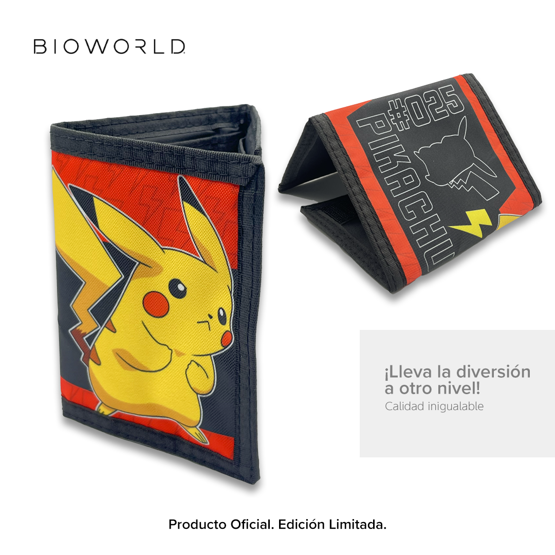 Bioworld - Cartera Trifold Pokémon, Diseño de Pikachu en Negro y Rojo, Cierre de Velcro, Producto Oficial