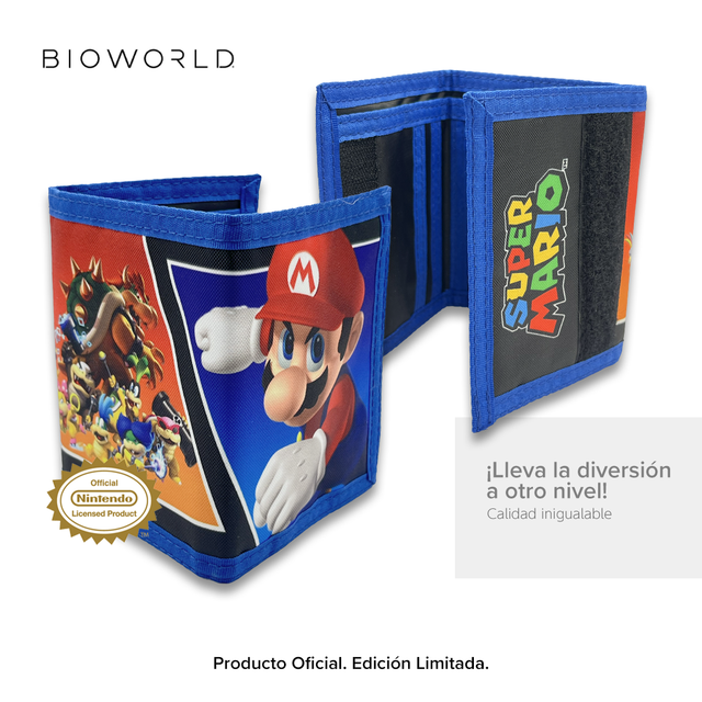 Bioworld - Cartera Trifold Infantil Super Mario Nintendo, Diseño Doble: Mario y Todos los Personajes - Oficial