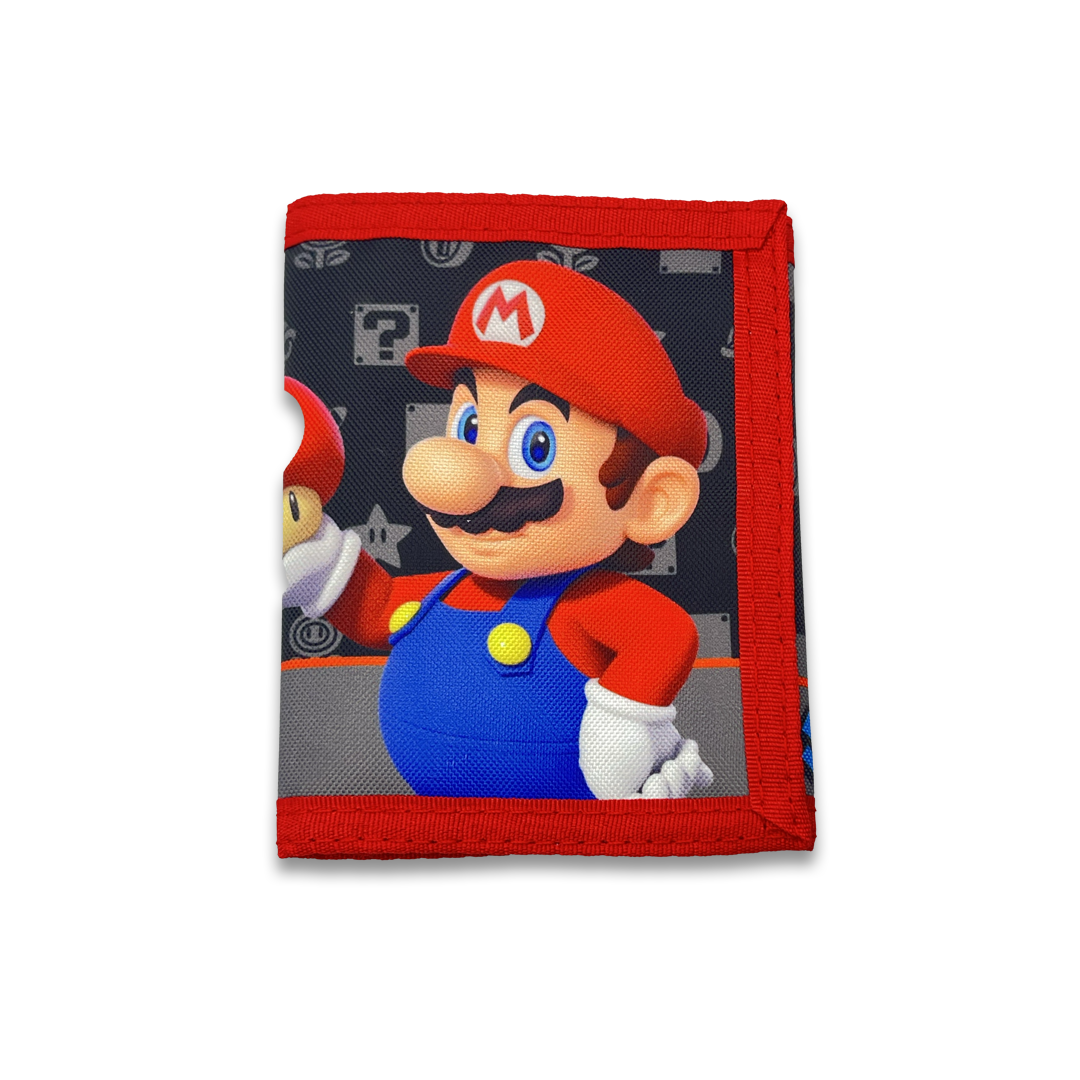 Bioworld - Cartera Trifold Infantil Super Mario Nintendo, Negro con Pattern y Mario y Luigi - Oficial