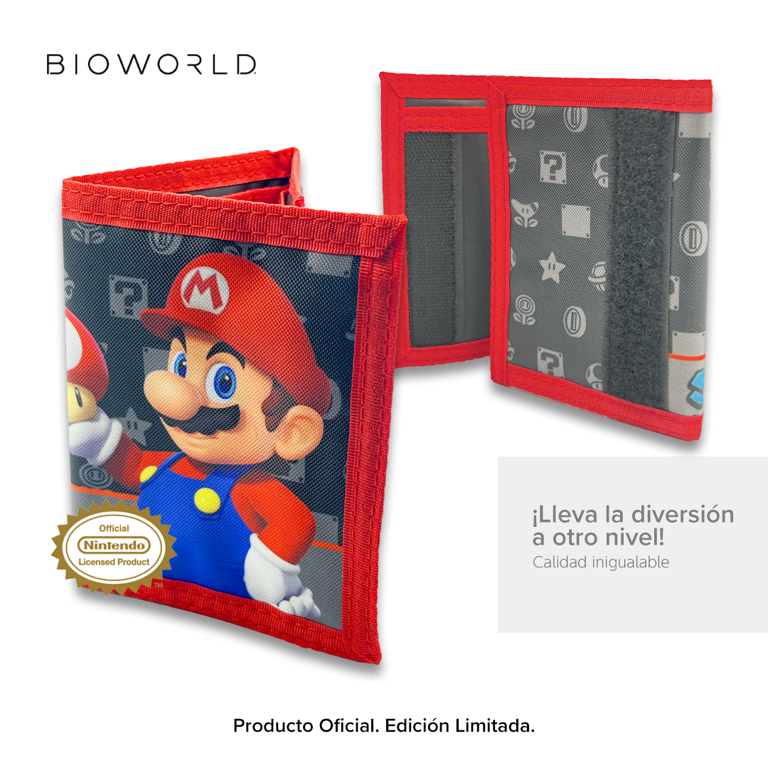 Bioworld - Cartera Trifold Infantil Super Mario Nintendo, Negro con Pattern y Mario y Luigi - Oficial