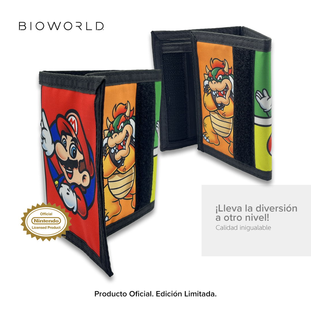 Bioworld - Cartera Trifold Infantil Super Mario Nintendo, Sublimation Print, Diseño Color Pop con Mario, Luigi, Bowser, Yoshi y Toad - Oficial