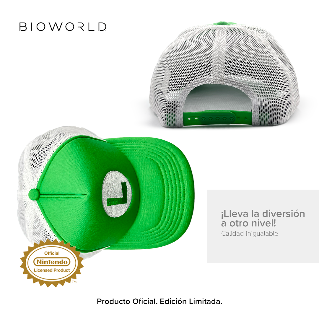 Super Mario | Gorra Luigi "L" Ajustable con Visera Curva, Verde y Gris, Producto Oficial de Nintendo - Bioworld