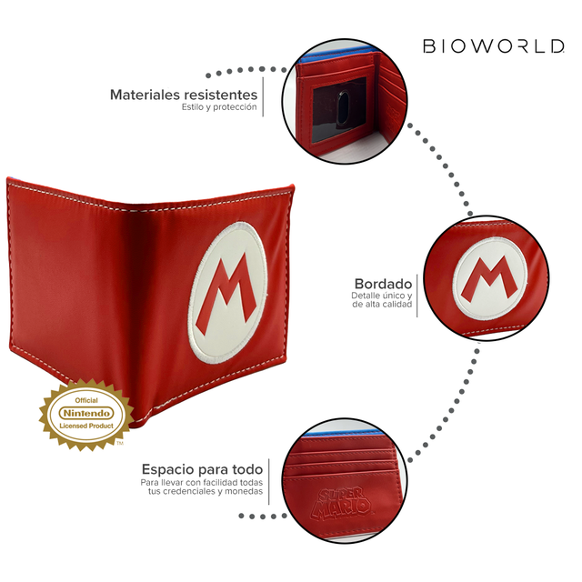 Bioworld - Cartera Bifold Nintendo Original, Rojo con la M de Super Mario, Espacio para Dinero, Tarjetas y Credenciales