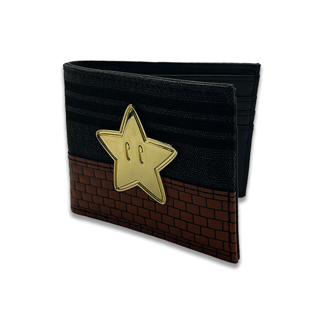 Bioworld - Cartera Bifold de Super Mario, Nintendo Original, Negro y Café con Estrella y Brick Wall