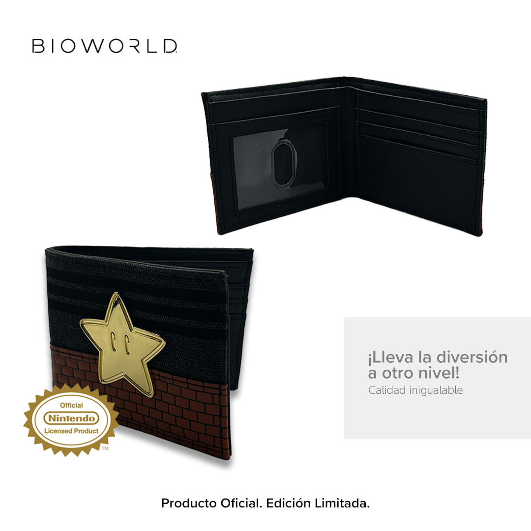 Bioworld - Cartera Bifold de Super Mario, Nintendo Original, Negro y Café con Estrella y Brick Wall