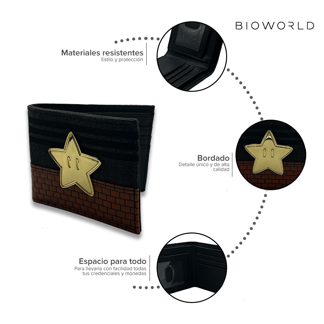 Bioworld - Cartera Bifold de Super Mario, Nintendo Original, Negro y Café con Estrella y Brick Wall