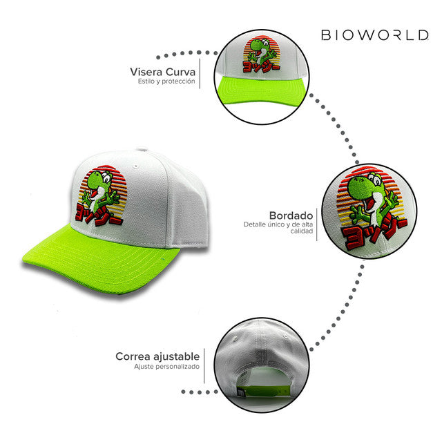 Bioworld Gorra Super Mario - Yoshi Japonés, Ajustable, Blanco y Verde, Oficial Nintendo Edición Limitada