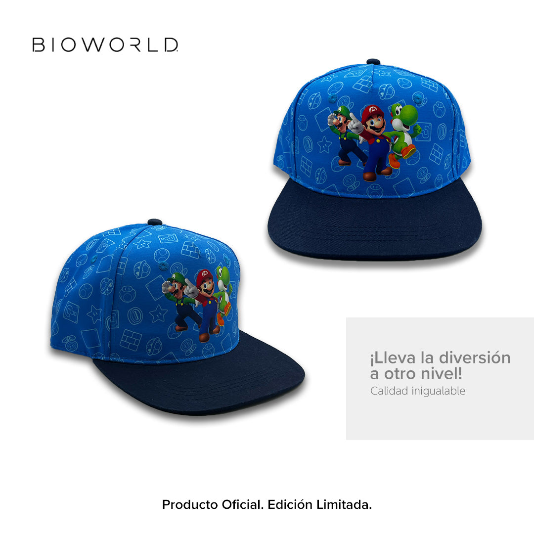 Bioworld Gorra para niño Super Mario - Parche de Mario, Luigi y Yoshi, Visera Plana, Azul, Ajustable, Infantil Oficial Nintendo