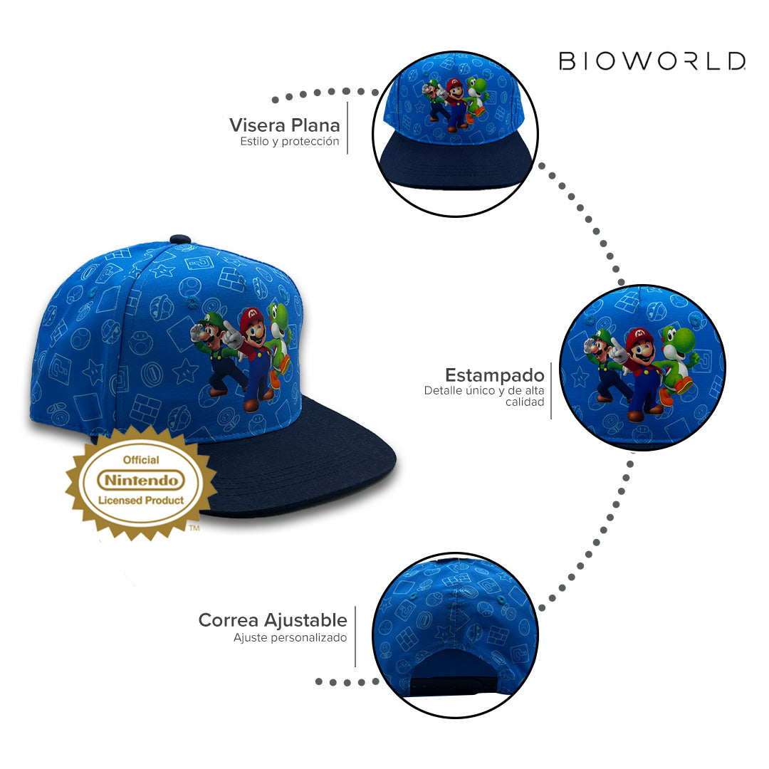 Bioworld Gorra para niño Super Mario - Parche de Mario, Luigi y Yoshi, Visera Plana, Azul, Ajustable, Infantil Oficial Nintendo