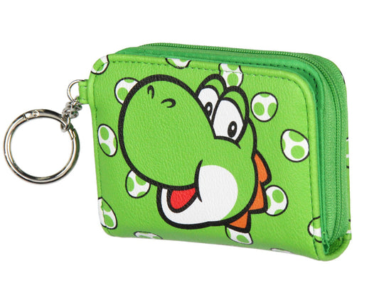 Bioworld - Cartera de Yoshi Super Mario Nintendo, Verde con Pattern de Huevos, Espacio para Tarjetas, con Colgante para Llavero - Para Dama